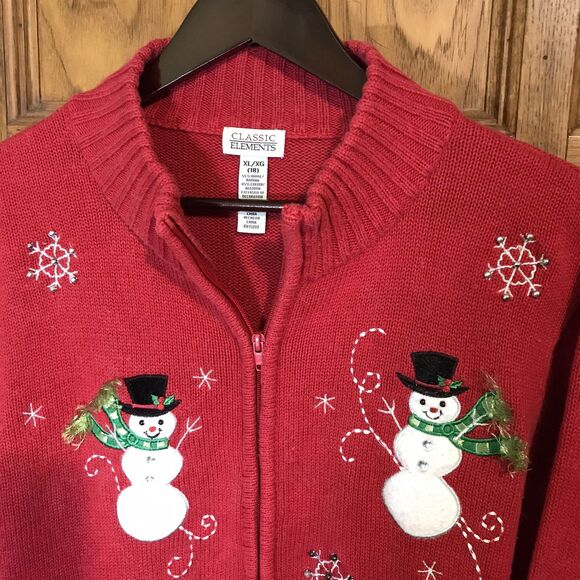 Classic Elements Christmas Snowman Sweater Women's XL Red Ramie Cotton Full Zip - Picture 2 of 12